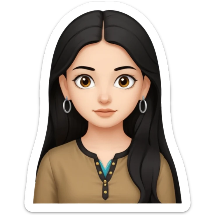 a pretty bratz fair girl with long black hair, kajal under eyes, small silver hoop. brown kurti on sticker