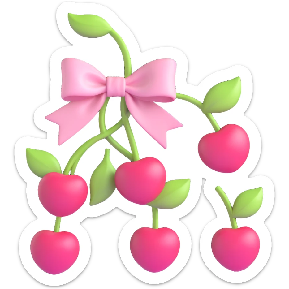 Change the cherries and bow to a soft pastel pink color, keeping the 3D iOS style. The cherries and bow should look gentle and pastel, not red. sticker