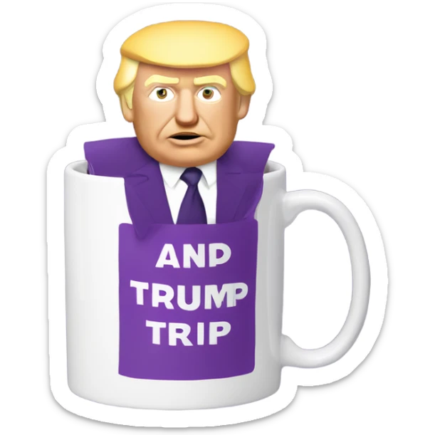 A purple coffee mug, with words and a drawing and white of Donald Trump sticker