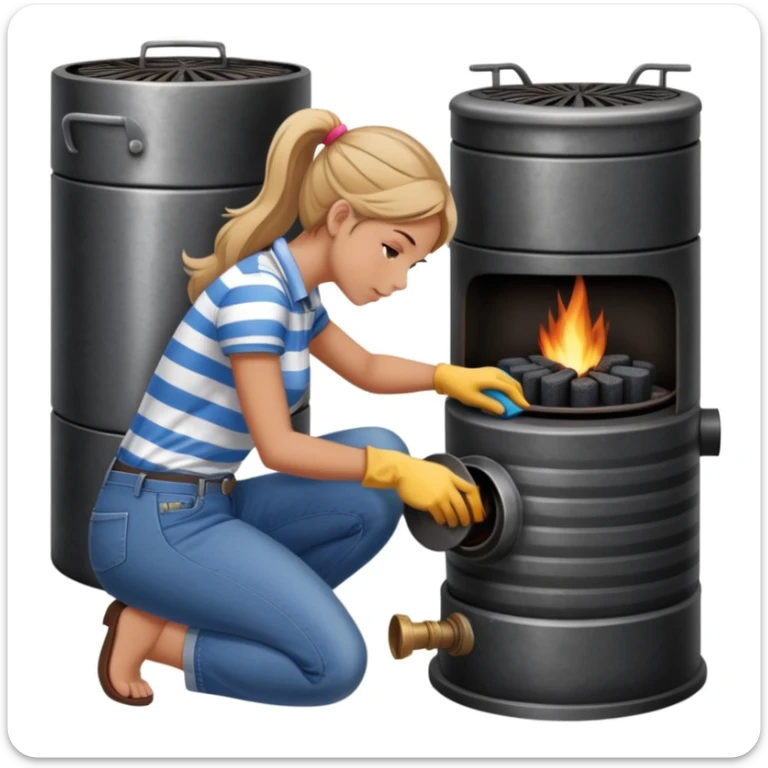 Metal cylindrical coal stove with a girl cleaning it while kneeling, seen from behind, wearing jeans and a striped shirt sticker