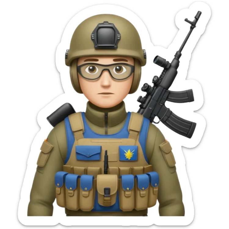 Ukrainian intelligance agency warrior man in platecarrier with nato riffle in helmet and ballistic glasses sticker