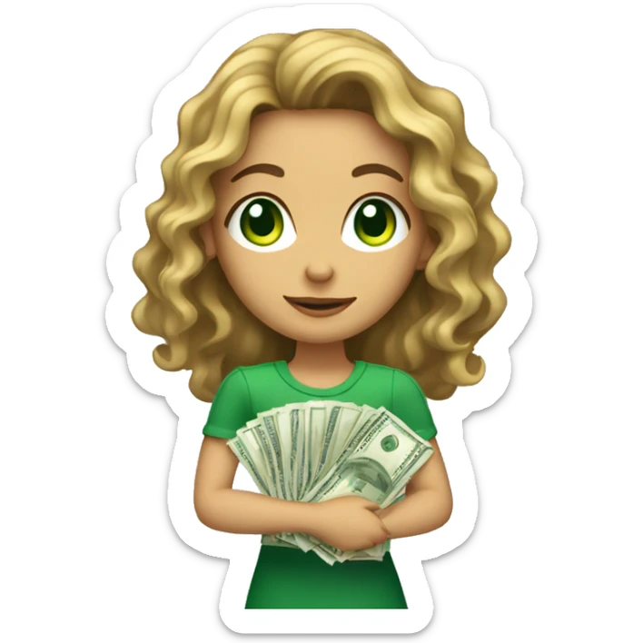 a fair toned girl with wavy hair and green eyes holding a stack of money  sticker