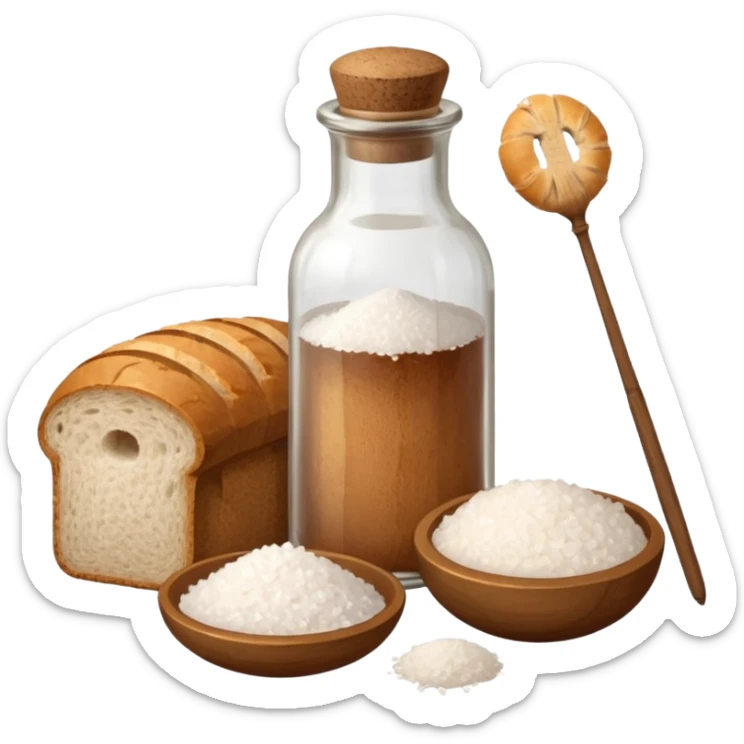 a one victorian bottle of salt and a loaf of bread - crochet needles and a ball of wool sticker