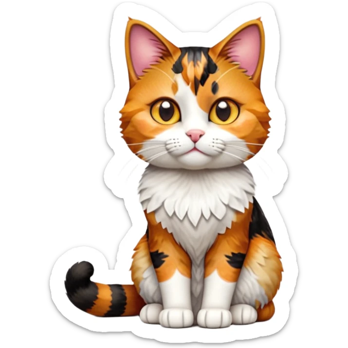 cinematic-[calico tabby cat]-realistic-full-body-sitting-emoji,-tail-curled-playfully-around-its-paws, cinematic-cute-calico-cat-portrait-emoji,-head-tilted-playfully-with-sparkling,-inquisitive-eyes-and-a-charming-patchwork-fur-of-orange,-black,-and-white,-simplified-yet-irresistibly-adorable,-highly-detailed,-glowing-with-a-warm,-invit (3) sticker
