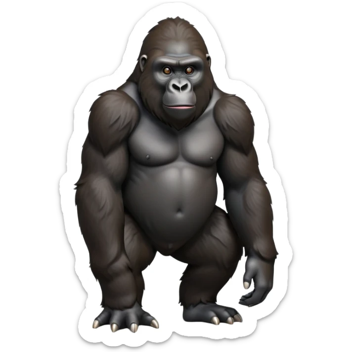 cinematic-gorilla-realistic-full-body-on-all-fours-emoji,-exuding-strength,-thick-dark-fur-in-the-light,-head-tilted-dramatically,-deep-friendly-eyes-filled-with-intense-intelligence,-simplified-yet-realistic-focused-features,-highly-detailed, zoomed out friendly  sticker
