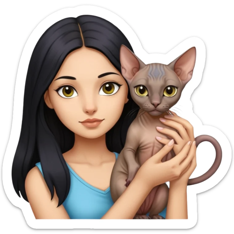 beautiful girl with long black hair holding a hairless sphinx cat sticker