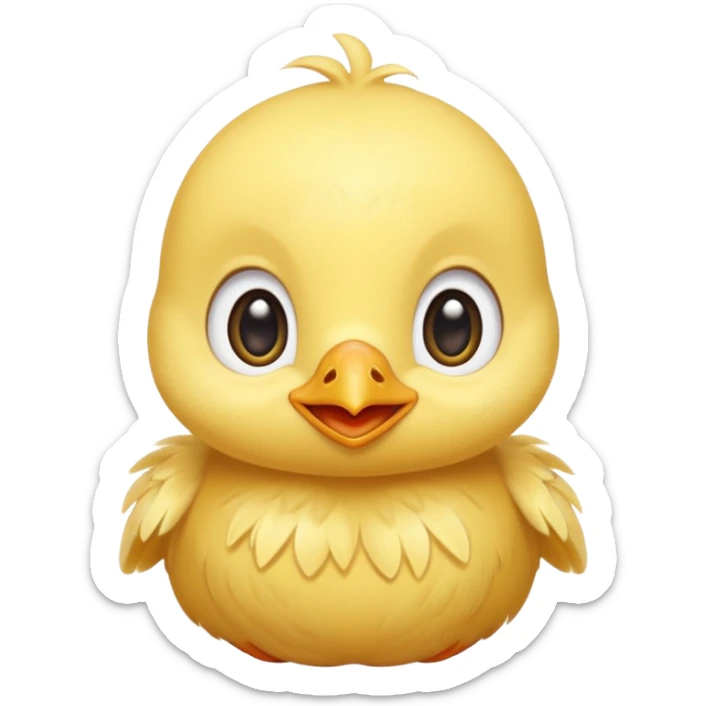 Cute baby chick named Lex, smiling with big shiny eyes, soft yellow feathers, round head, very adorable emoji style sticker