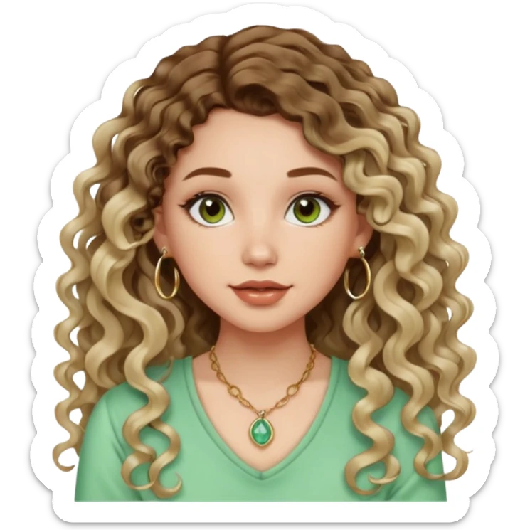 cute girl with not volominous VERY LONG curly/wavy balayage hair brown eyes full lips cute makeup cute necklace and hoop earrings white girl with light green top sticker
