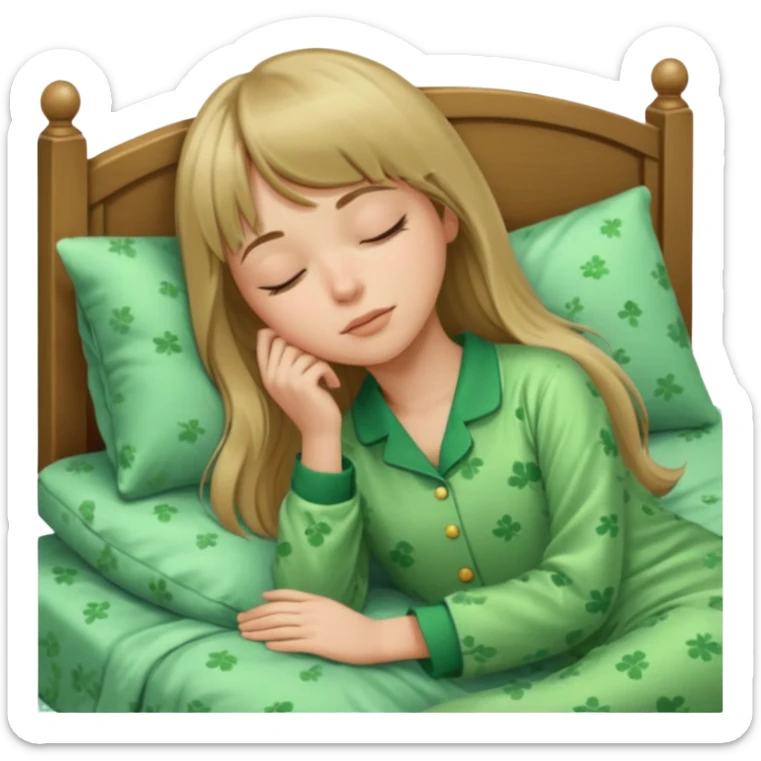 Young woman with long dark blond hair and a bang sleeping in bed  with green pyjama sticker
