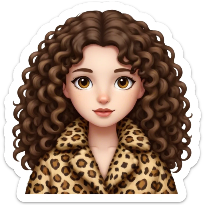 Brunette girl with long curly hair in fluffy leopard print coat  sticker