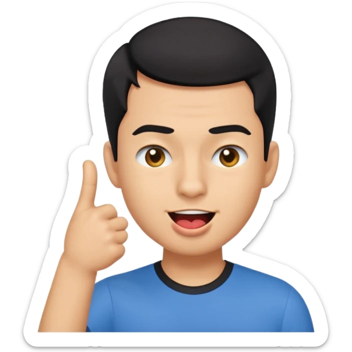 "Create a playful emoji of a young man with short black hair, wearing a blue shirt. He is winking with one eye, sticking out his tongue dramatically, and pointing to his forehead with one hand in a cheeky gesture.
 sticker