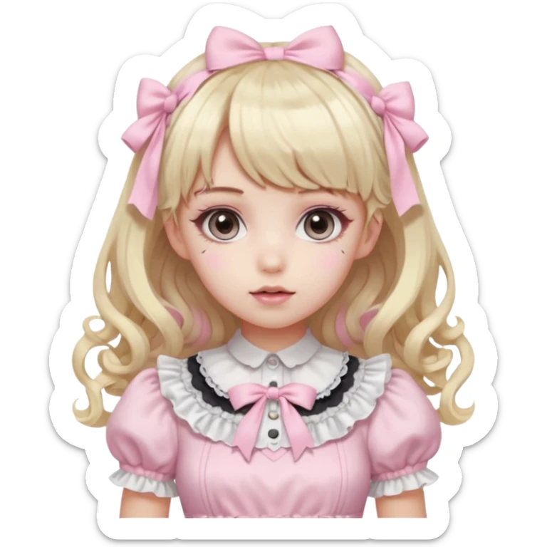 pale girl , who has curly medium length blonde and baby pink swirled hair with bangs , grey eyes , and doll like makeup , in a light pink lolita hime gyaru dress  sticker