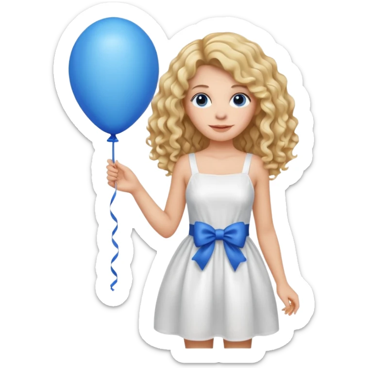 Woman curly long blonde with blue balloon, white dress sticker