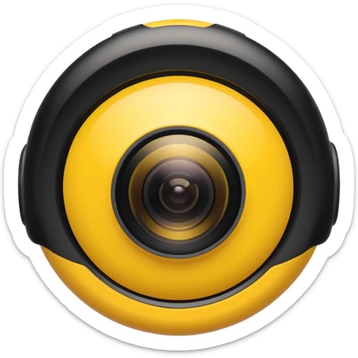 Insta360 camera emoji, close-up of lens, yellow and black, simple sticker