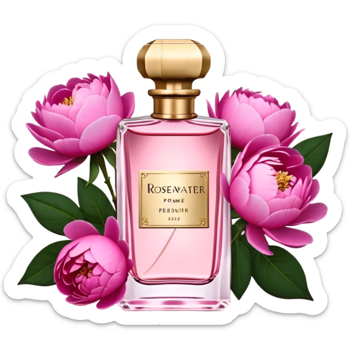 A delicate glass bottle of rosewater perfume with gold details beside lush pink peonies. Soft light enhances the romance, while a dark red velvet backdrop adds vintage glamour."
 sticker