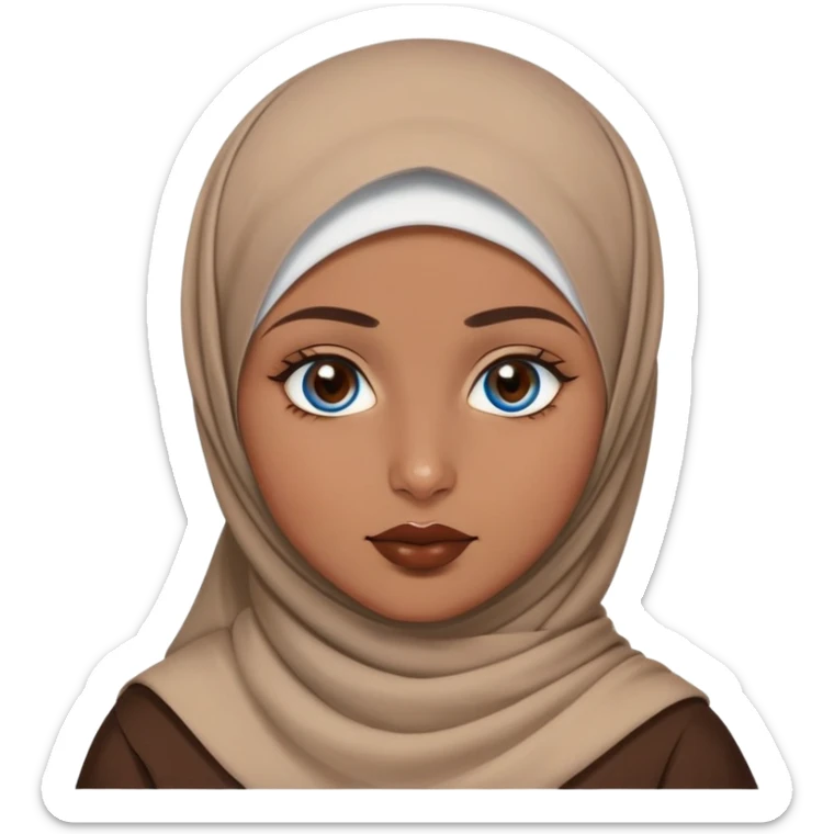 Turkish beautiful finish Konya girl blue eyes with brown beige hijab islamic dress and had on her hand brown color lipstick sticker