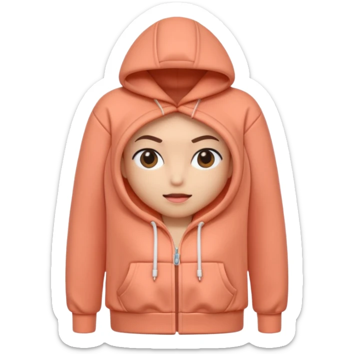 A 3D cartoon peach-coral hoodie with soft folds, drawstrings, and a casual fit, isolated plain background, Memoji-style. sticker
