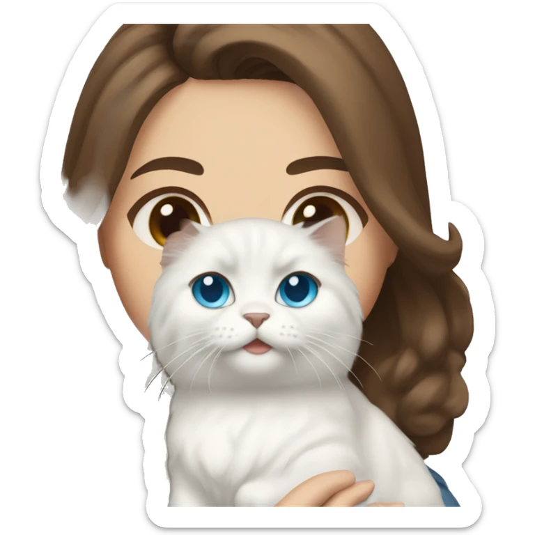 woman with brown hair and holding a all white Siberian cat with blue eyes sticker