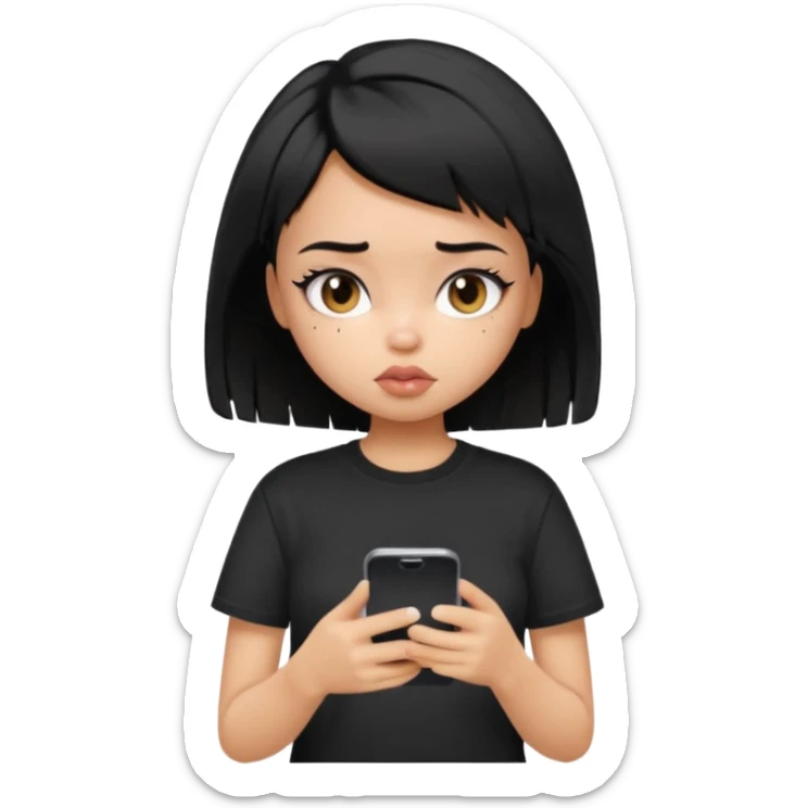 generate a pretty bratz girl with short black messy hair, looking tired and using her phone, wearing an oversized black tshirt sticker