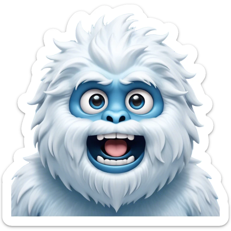 Cinematic Comical Yeti Portrait Emoji, with a cartoonishly exaggerated, fluffy figure in cool, frosty whites and icy blues, head tilted in an overly surprised expression with wide, comically sparkling eyes and a quirky, open-mouthed grin, simplified yet hilariously detailed, glowing with a soft frosty outline capturing the meme-worthy fun of a yeti in playful shock! sticker