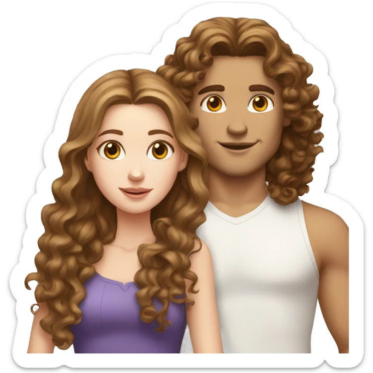 White girl with long brown hair and white guy curly brown hair sticker