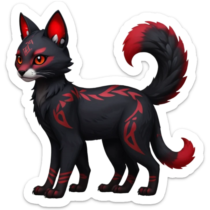 Cute kawaii cool edgy badass  dark obsidian-black fur with crimson glowing runic markings fantasy-caracal-civet-genet-sergal-vernid-Gryphon-Cacomistle-Trico-oncilla-animal-Fakémon-hybrid-fursona (full body), facial markings, (realism style) sticker