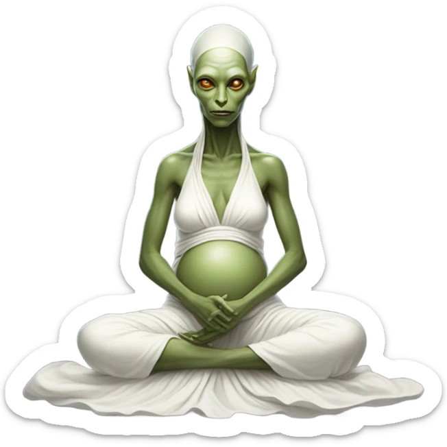 a Reptilian alien woman, pregnant, in meditation, white dress like a priestess sticker