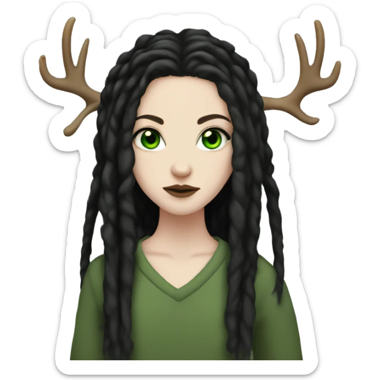 Girl with pale skin, green eyes, black dread-locks, eyeliner, deer antlers, grunge sticker