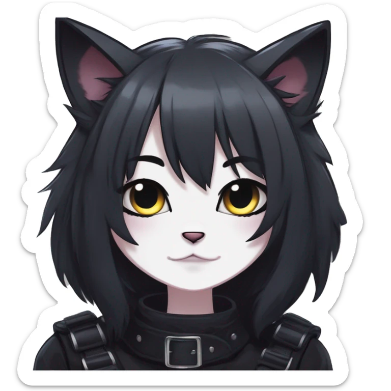 Gorgeous furry gothic dark techwear anime style anthro black cat furry sona with blushing face aesthetic and pretty edgy black with collar and harness trending style sticker