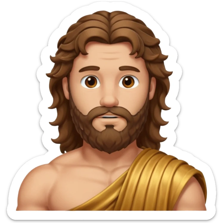 Hercules from The Olympians with long brown wavy hair and beard, bronze toga sticker