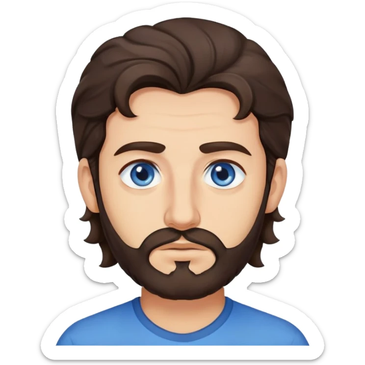 Lebanese man with one blue eye and one brown eye, dark brown longish wavy hair, light beard, closed mouth, kind expression, blue shirt sticker