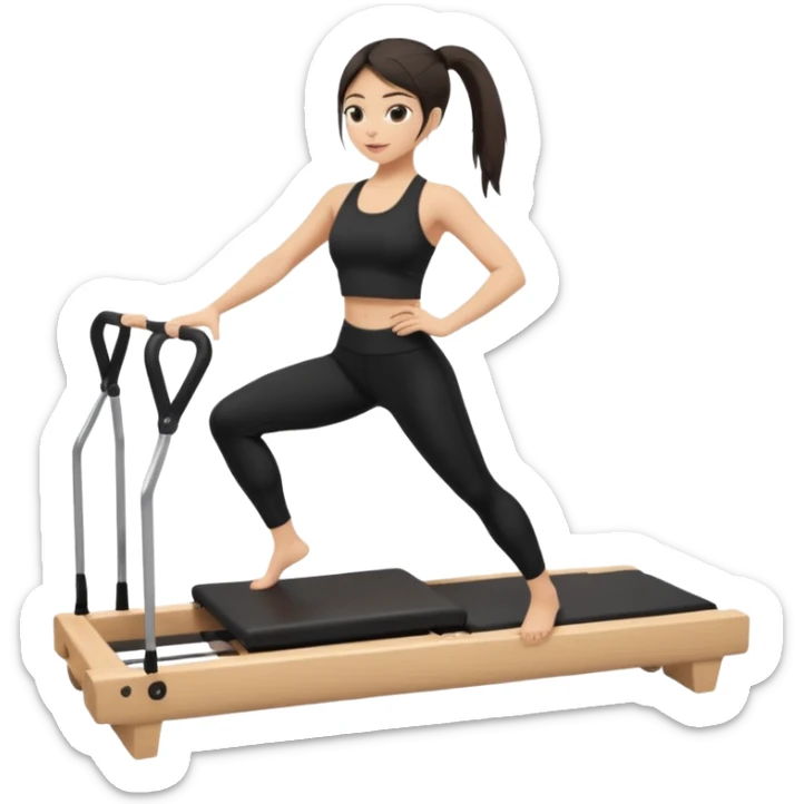 a girl doing reformer pilates, she is wearing a black fit and she has dark straight and loose hair sticker