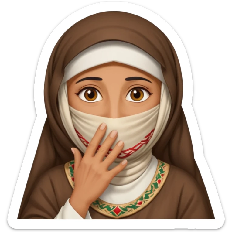 an old emirati women wearing traditional cloths covers her face with burg'a sticker
