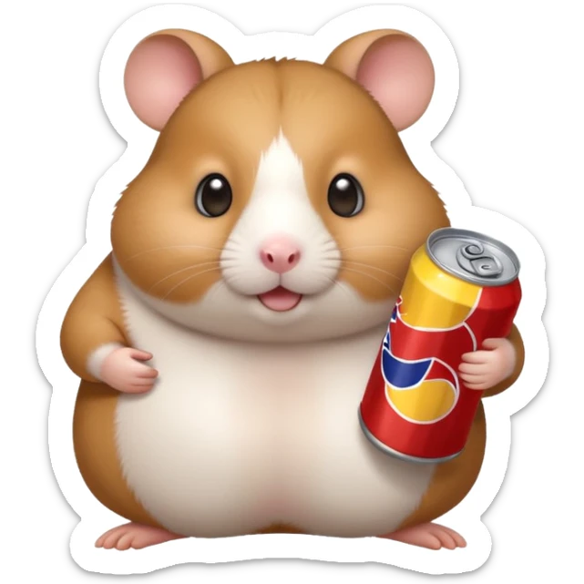 Funny cartoon-style fat hamster wide eyed with a can of redbull sticker