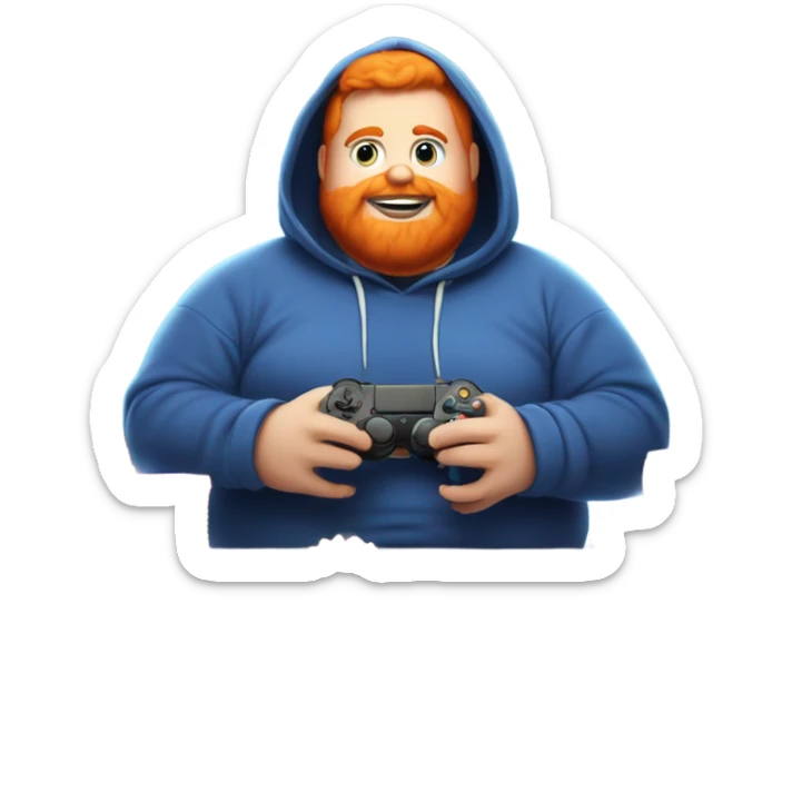 fat man with blue hoodie orange hair and beard that is the shape of the universe that plays games and eats alot of sticker