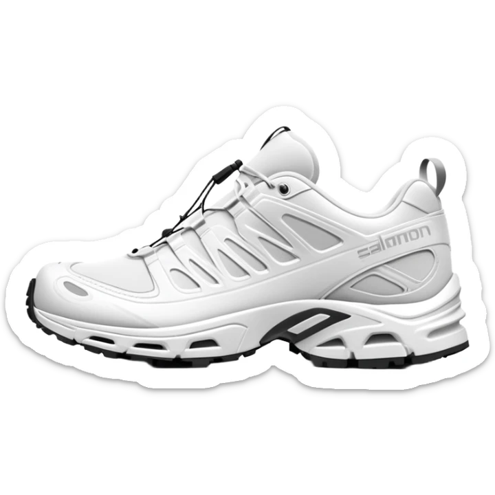 Totally white Salomon XT-6 sneakers with absolutely no color accents, clean white monochrome design, one shoe behind the other, simplified iOS emoji style sticker