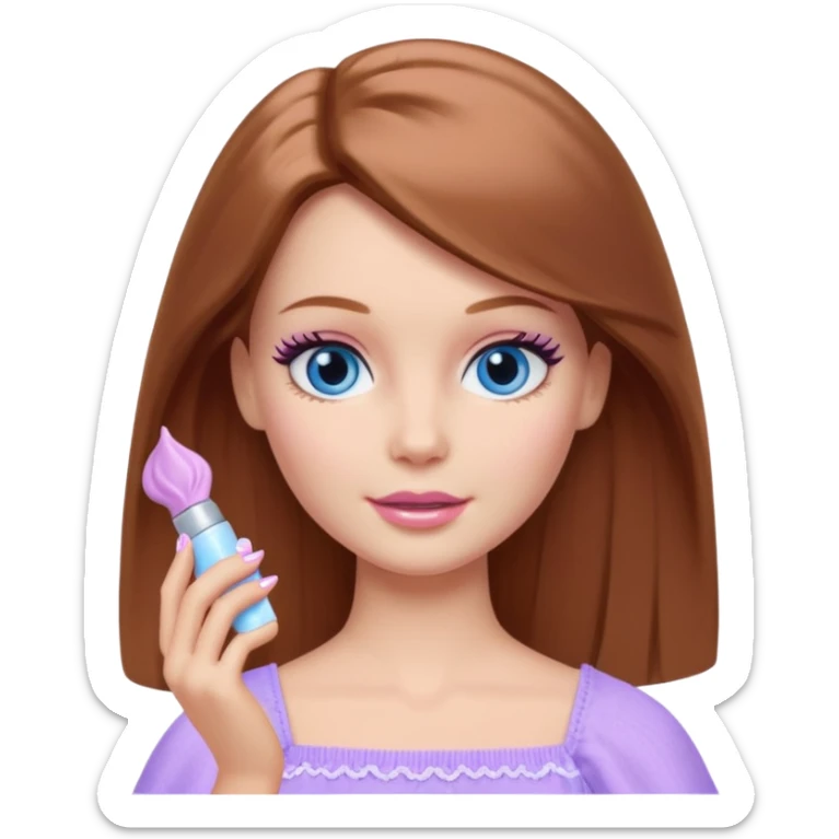 Barbie girl Chestnut Shoulder-length hair and blue eyes is In pale purple applying cream on face sticker