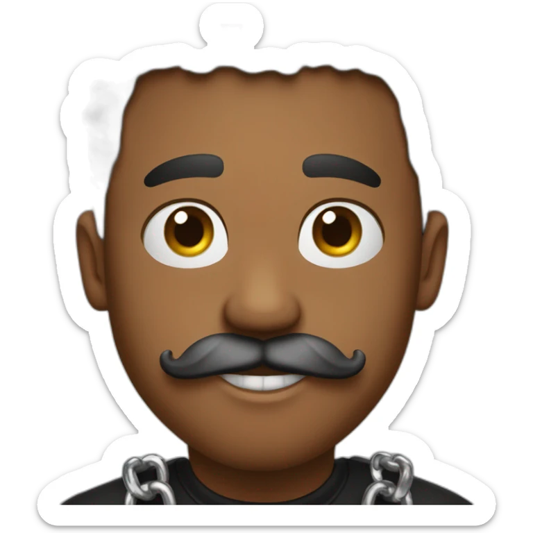 Brown skin with a fine moustache buck teeth waves a black t-shirt and a silver chain sticker