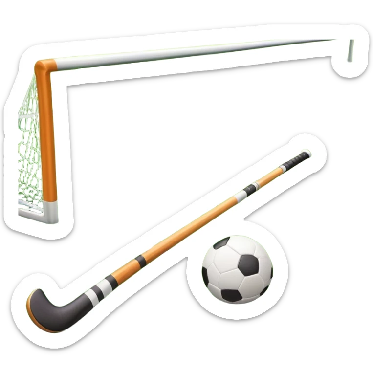 A field hockey stick and ball resting on a well-maintained green grass field, with the goalposts and markings visible in the background. The scene highlights the precision and focus of the sport, with the vibrant green pitch creating a dynamic atmosphere. sticker