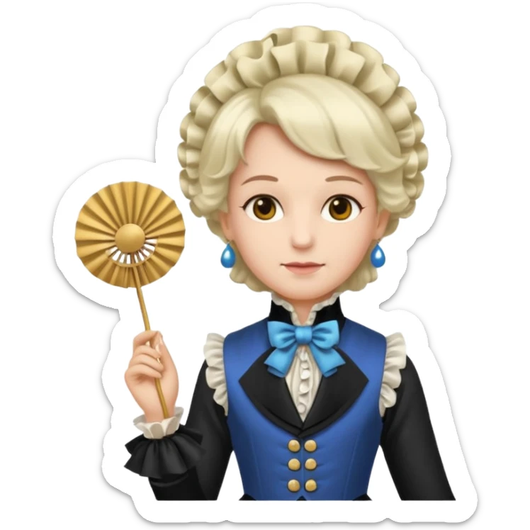An emoji portrait of a French aristocrat. He wears a powdered wig and a silk waistcoat with a ruffled jabot. His expression is poised and refined, and he holds a fan. sticker