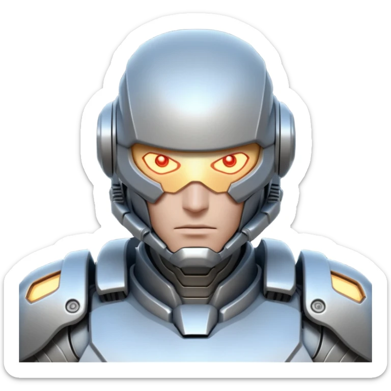 mechanical armored man portrait, head and shoulders only, futuristic metal armor, glowing energy lines, robotic shoulder plates, intense expression, sci-fi warrior vibe, 3D cartoon style, mobile game icon style, clean background, no text, no watermark
  sticker