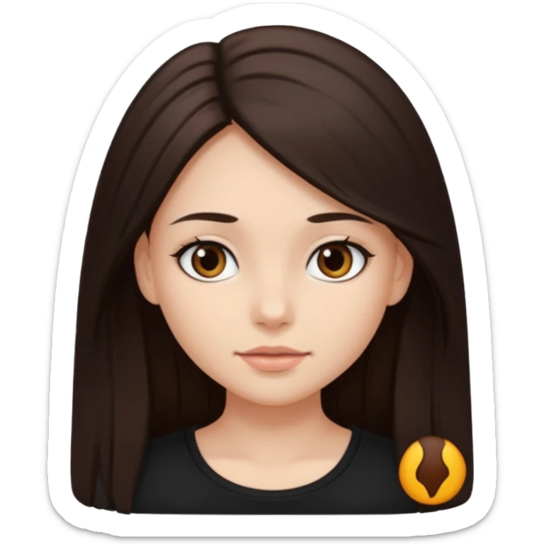 Make an emoji of a girl with dark brown long hair and dark brown eyes wearing a black top sticker
