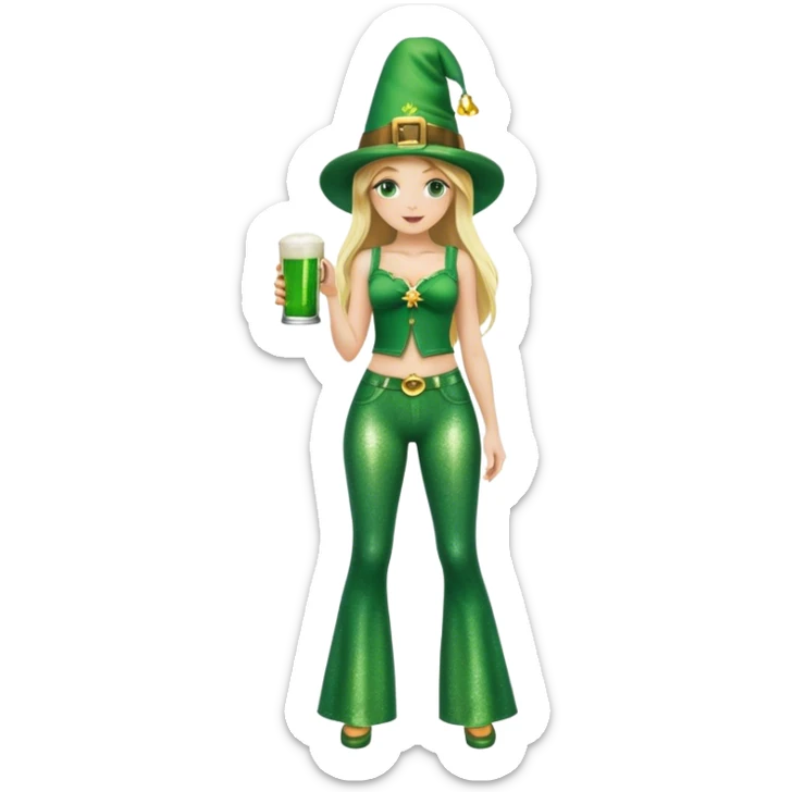 Blonde haired girl in glittery green bell bottoms and tall leprechaun hat holding a green beer sticker