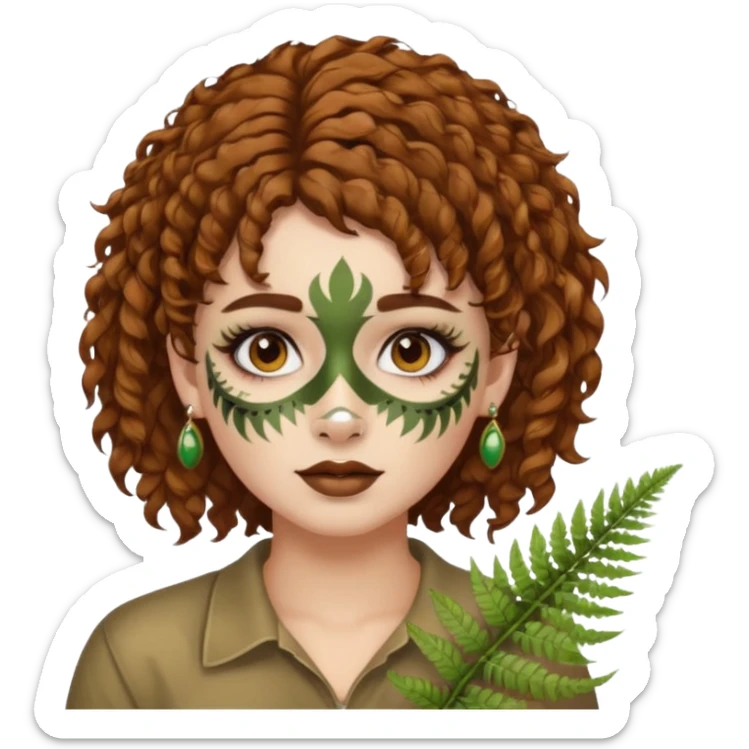 portrait woman short curly brown mullet hair brown eyes white skin with fern face paint and nose ring sticker