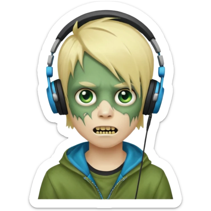 boy zombie whit blonde emo hair and eyes blue and GREEN SKIN and heandphones AND A MICROFONE and gold teeth sticker