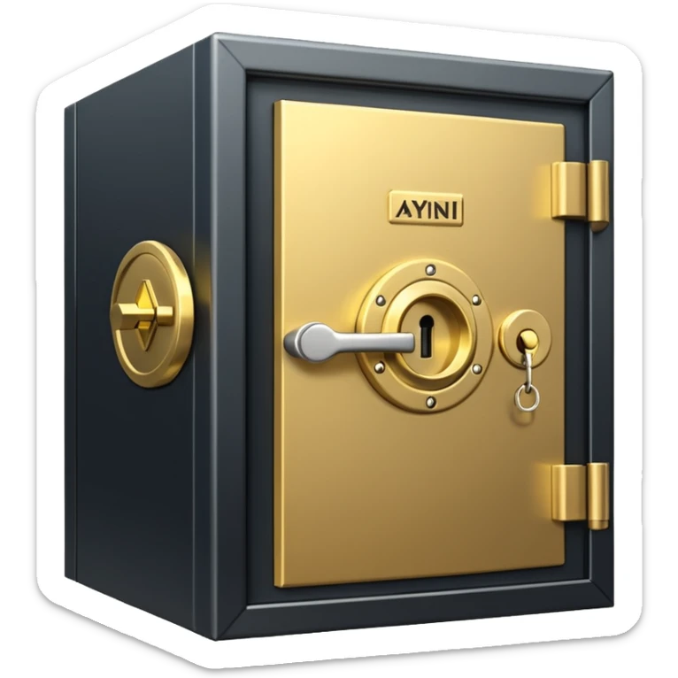 A secure vault door with the AYNI Gold logo at its center lock, glowing subtly. Flat design, metallic gold tones, black background, small “AYNI Gold” tag on the lower edge sticker