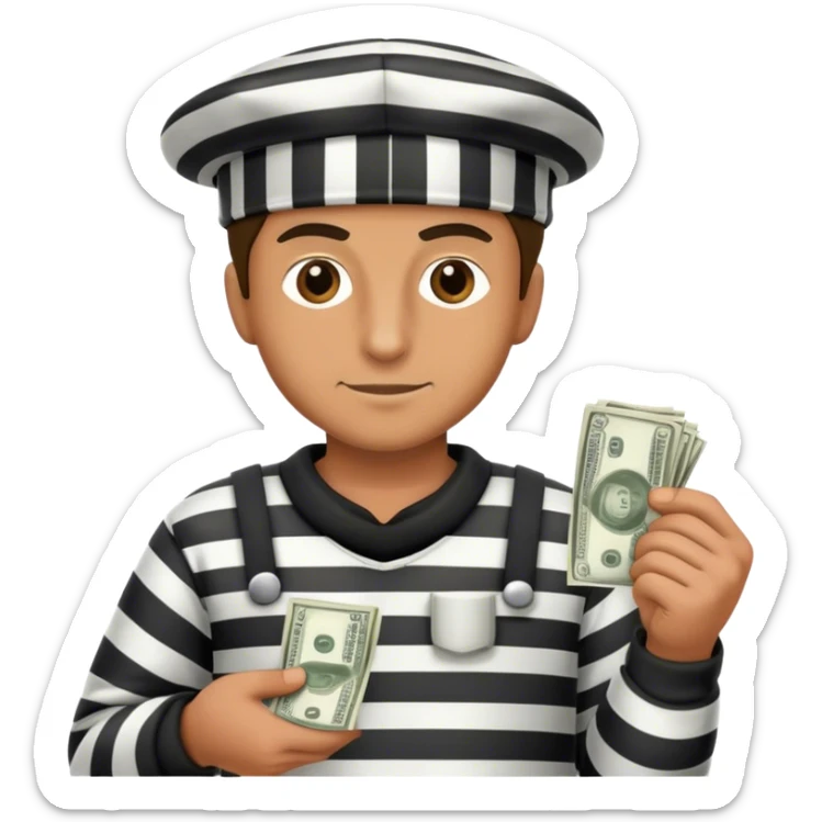A thief wearing a prisoner's clothes and a prisoner's hat and has money in his hand sticker