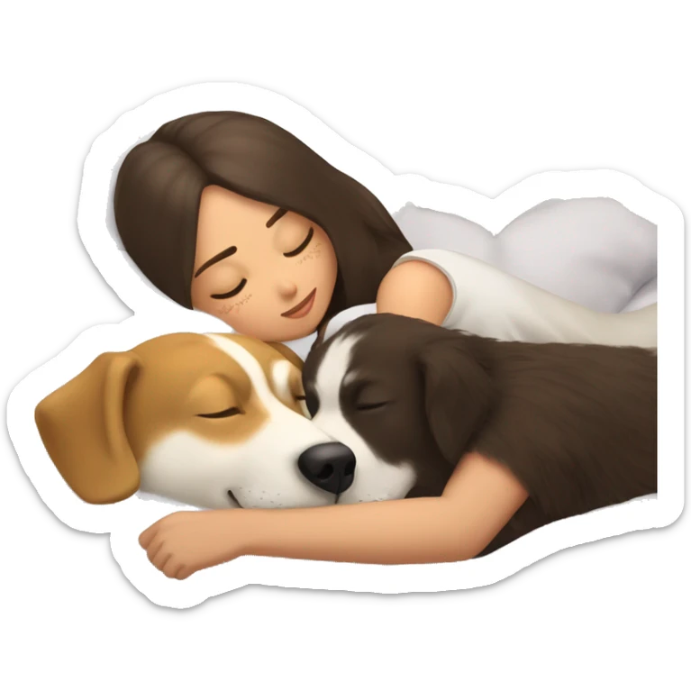 Brunette bob hair napping with her golden retriever and her husky in her bed sticker