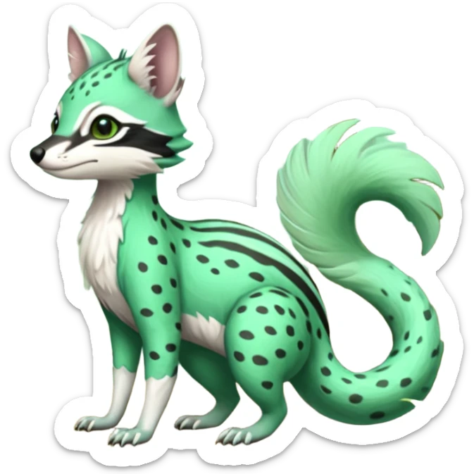Feral Rare Fantasy  pastel-seafoam-green Hunter-forest-green  Vernid-Gremz-Numbat-Sergal-Genet-Trico-species by LiLaiRa, random markings, tufted tail, tufted ears, full body sticker