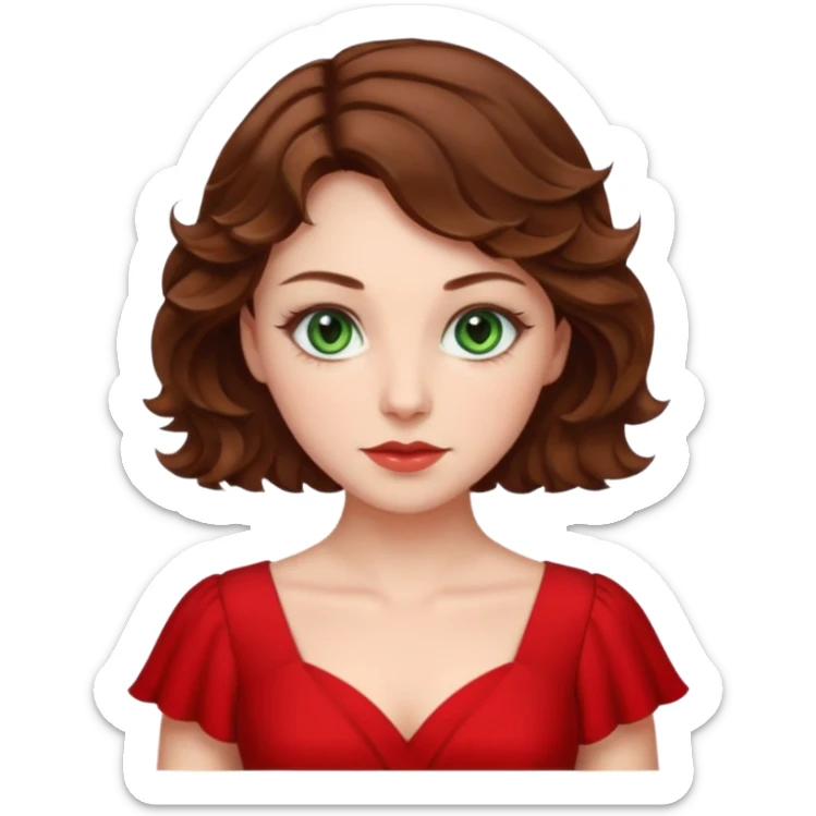Green eyes,mi-short brown wavy hair,white skin tone,wearing red dress sticker